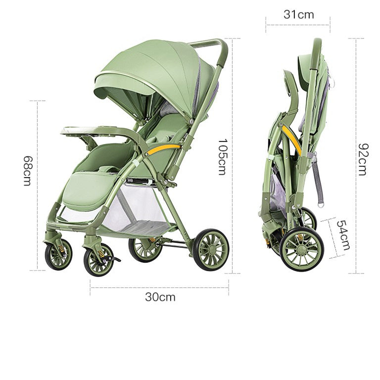 Lightweight, large-wheeled, foldable baby stroller. convertible from upright to reclined position. portable, high-view, four-wheel suspension stroller for ages 0-3 years