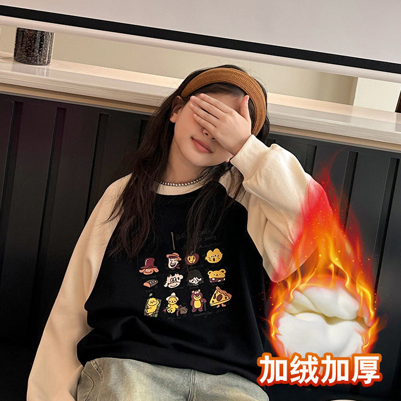 Girls' sweatshirt - new autumn  collection - casual, loose-fit crewneck top with color block raglan sleeves and print - suitable for mid-to-large children - perfect for spring and autumn