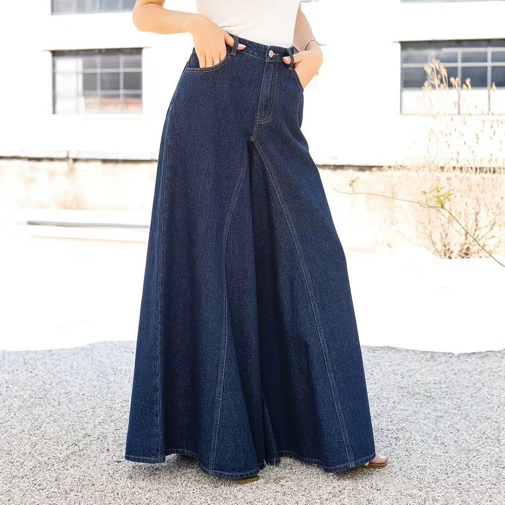 Fashionjeans women's retro dark blue split topstitch wide-leg pants high waist drapedloosemop pants