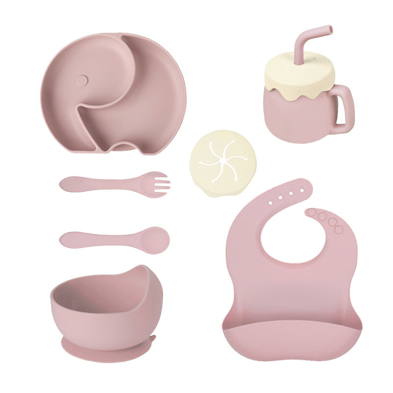 Children's Silicone Plate 7-piece Set Baby Separate Plate Feeding Bib Water Cup Fork Spoon Supplementary Food Bowl Tableware