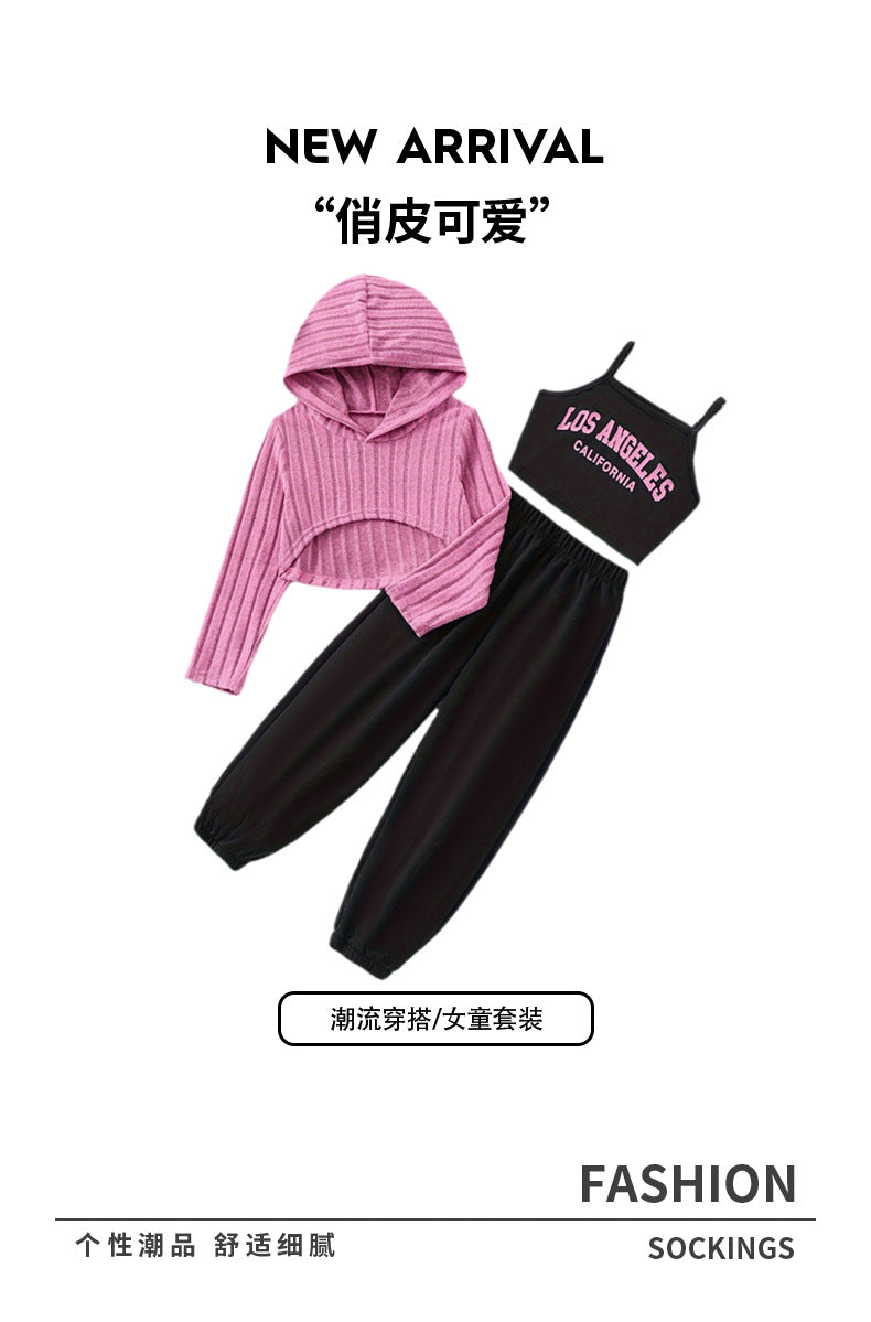Girls' casual knitted pink hoodie sweatshirt, tank top, and drawstring sweatpants three-piece set for autumn (export quality)
