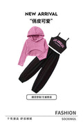Girls' casual knitted pink hoodie sweatshirt, tank top, and drawstring sweatpants three-piece set for autumn (export quality)