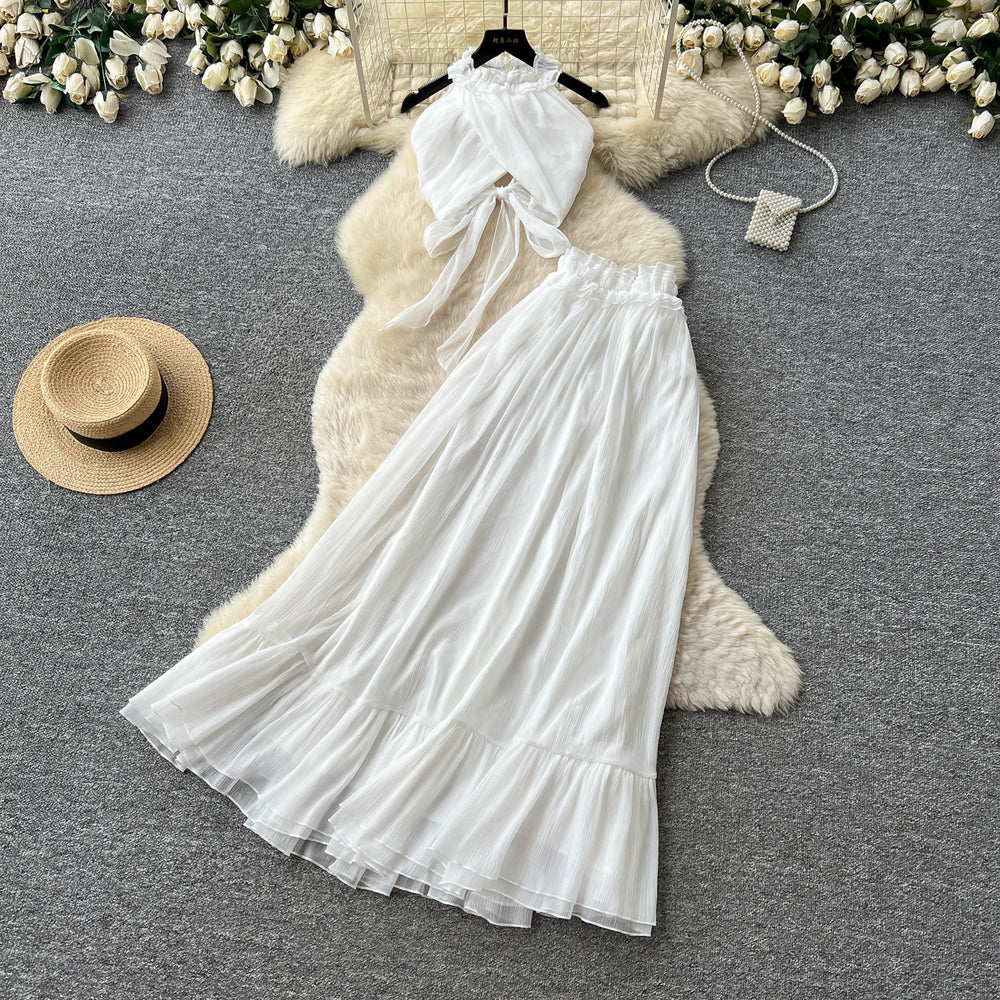 Vacation style halter strap vest high waistruffles long skirt two-piece set female summer age reduction slimming lookelegantsuit