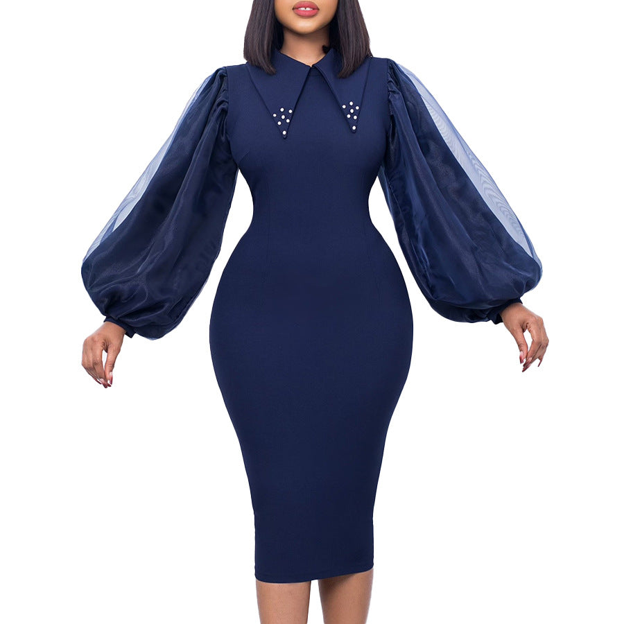 D307 european and american style women's spring/autumn long sleeve plus size bodycon beaded mesh panel commuter pencil skirt foreign trade dress