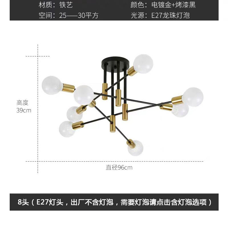Nordic black gold 8-light linear ceiling light, modern minimalist iron art living room bedroom creative cross branch pendant lamp