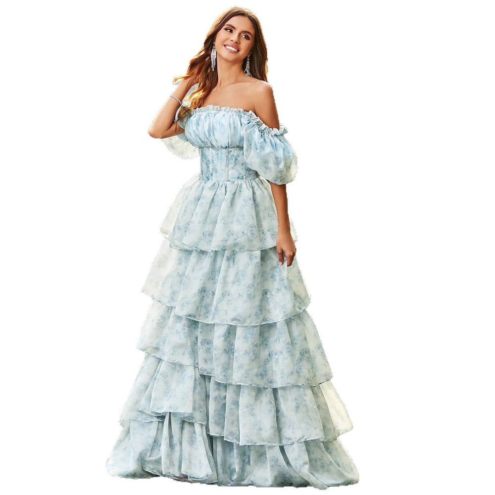 Pastoral style sweet cake skirt fashion puff sleeves short sleeves tie back waist plain floral fairy dress long skirt