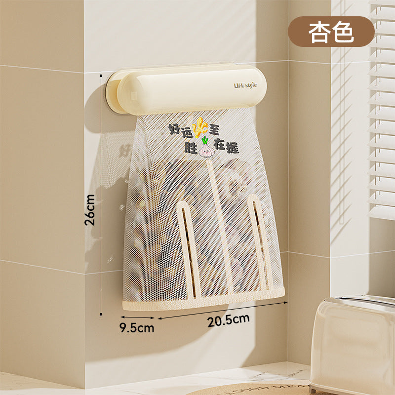 Kitchen wall-mounted ginger, onion and garlic punch-free installation breathable mesh bag ventilation and preservation detachable washable easy-to-clean storage bag