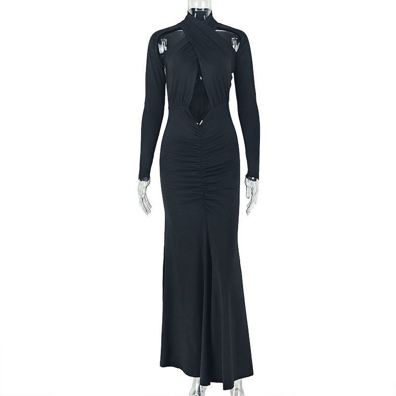 Fashion cross-border elegant banquet women's pure color close-fitting curve hip skirt design sexy chest-wrapped long sleevesdress