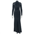 Fashion cross-border elegant banquet women's pure color close-fitting curve hip skirt design sexy chest-wrapped long sleevesdress
