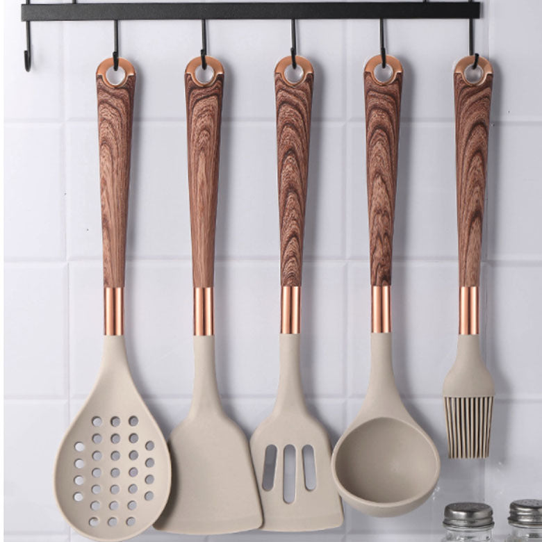 Cross-border spot wholesale wood grain silicone kitchenware set, shovel leak shovel spoon non-stick pan baking barbecue cooking