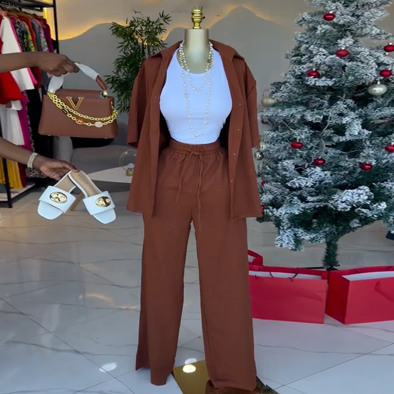 European and american cross-border women's fashion  spring new collection: solid color casual short-sleeve shirt top and tie-waist wide-leg pants set