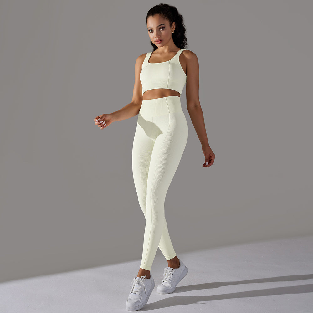 fashion seamless knittingpure color polka dot high elastic tight breathable yoga suit running fitness two-piece set