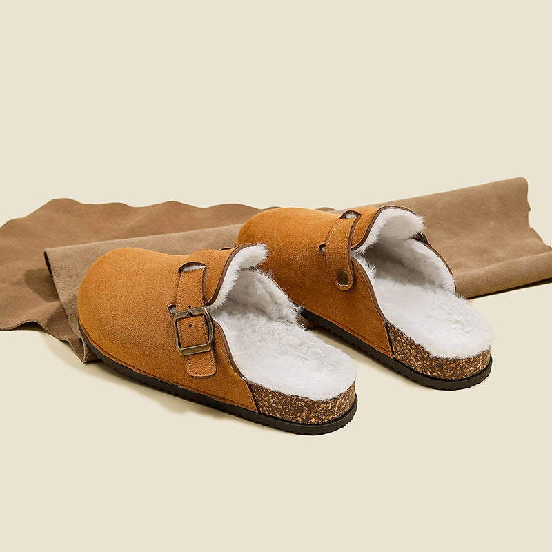 Birkenstock women's 2025 new autumn/winter slip-on warm fleece-lined fuzzy birkenstock shoes, lazy closed-toe half-slipper cotton shoes