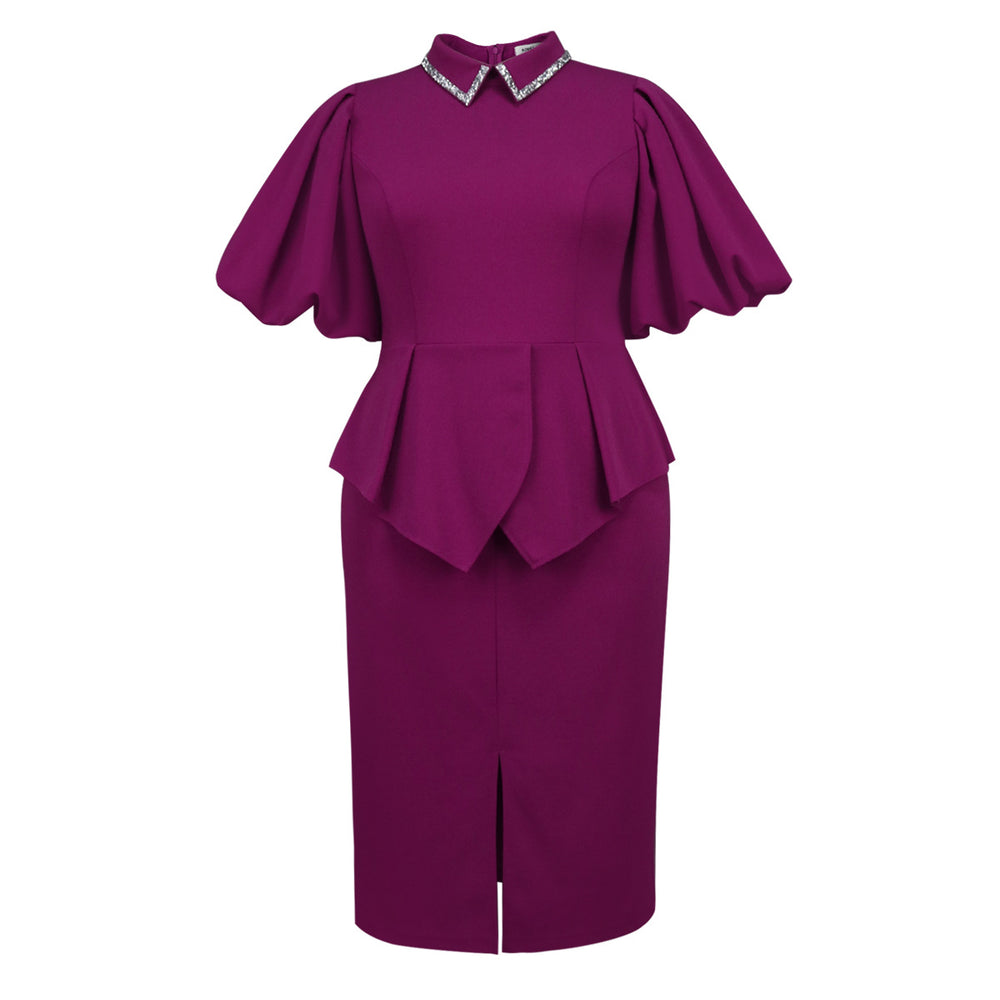 plus size lapel hot diamond rufflesdress puff sleeve waist silm hip-covering banquet dress