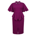 plus size lapel hot diamond rufflesdress puff sleeve waist silm hip-covering banquet dress
