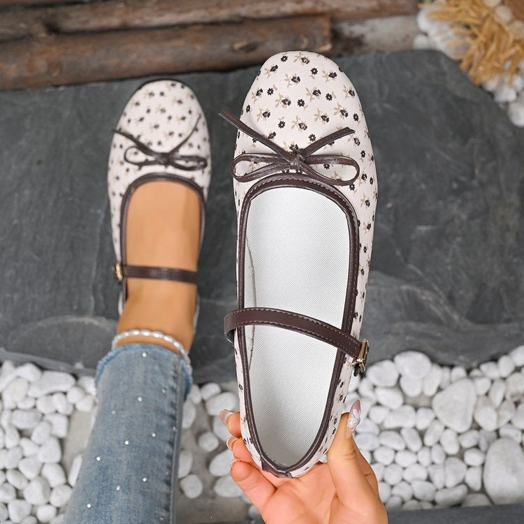 Plus size square heel slip-on flats for women -  summer new french style bow mary janes