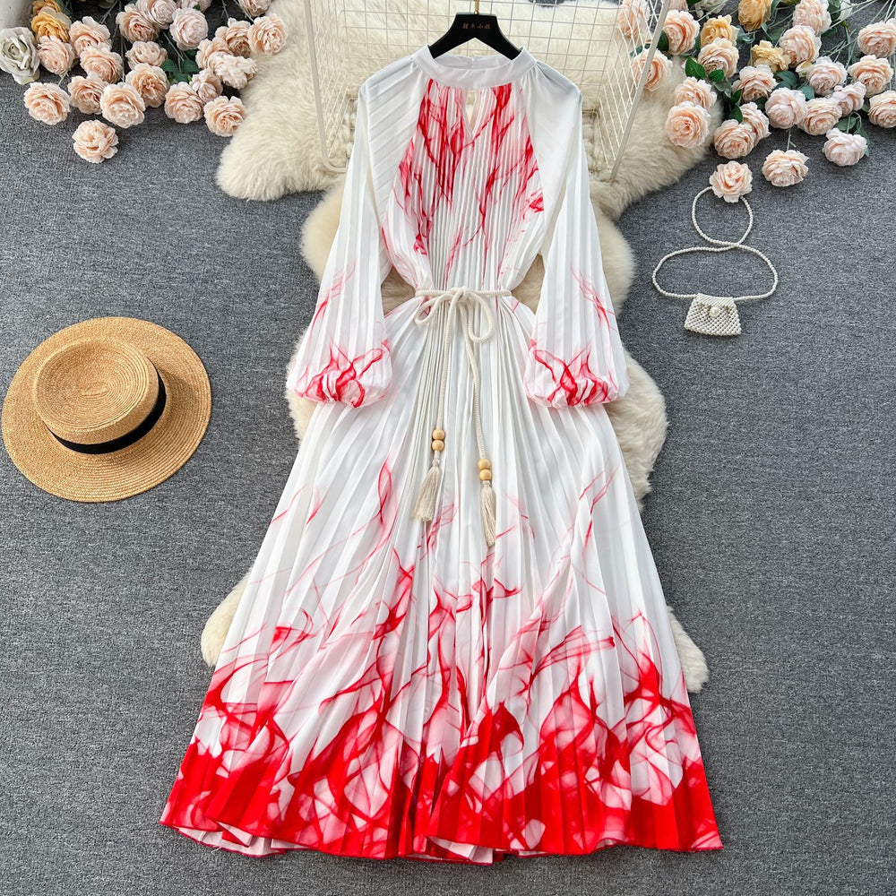 European and american retro court style design printed long dress with heavy pleating, puff sleeves, and pleated skirt - spring collection for women