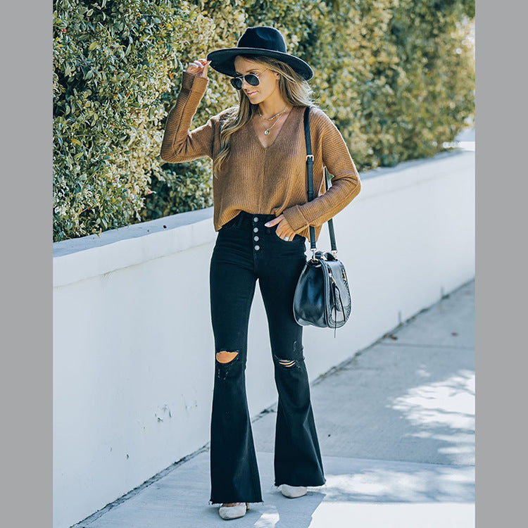 high-quality jeans for women, european and american style, suitable for commuting, fashionable ripped and washed high-waisted loose wide-leg flared pants