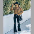 high-quality jeans for women, european and american style, suitable for commuting, fashionable ripped and washed high-waisted loose wide-leg flared pants