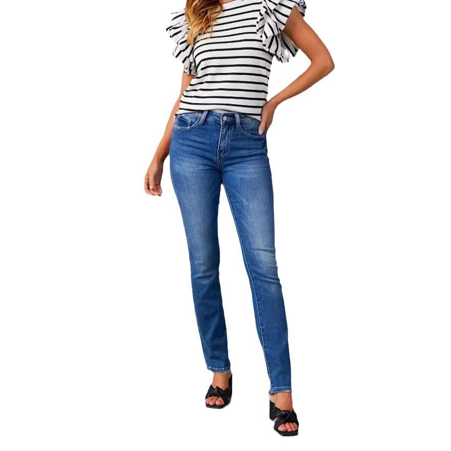 Independent station worn-out jeans for women new arrival  elegantwork clothingstraight-leg pants washed stretch jeans