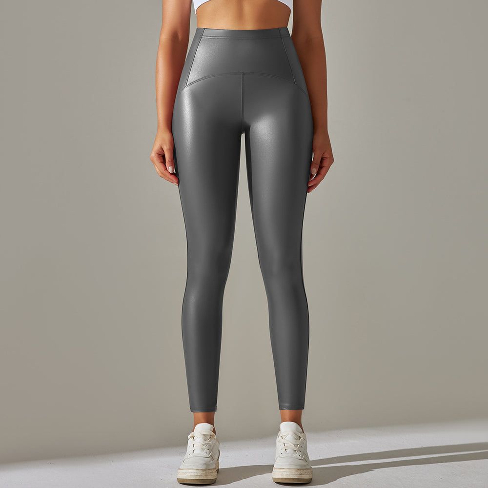 Clearance european and american  high waist hip lifting and abdominal tightening waist pu leather pants inner brushed yoga bottom leather pants nine-point pants