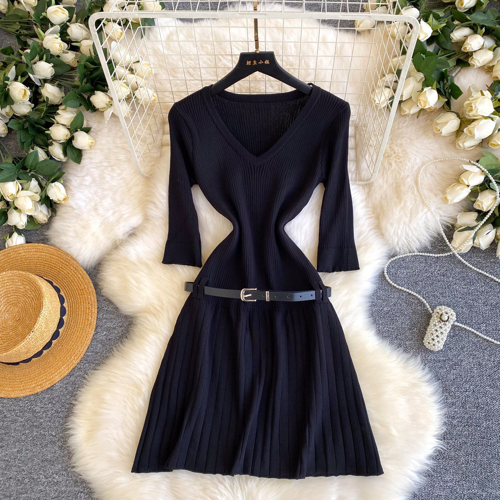 Vintage-inspired commute style v-neck knit dress - women's summer short sleeve pleated a-line dress with belt, designed to flatter and slim the waist