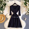Vintage-inspired commute style v-neck knit dress - women's summer short sleeve pleated a-line dress with belt, designed to flatter and slim the waist