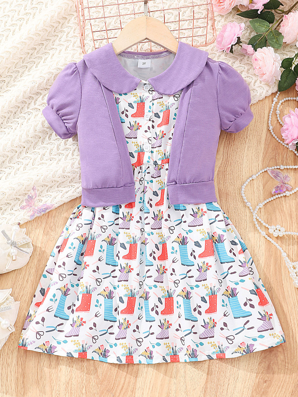 Kids' two-piece set: solid color jacket & printed dress