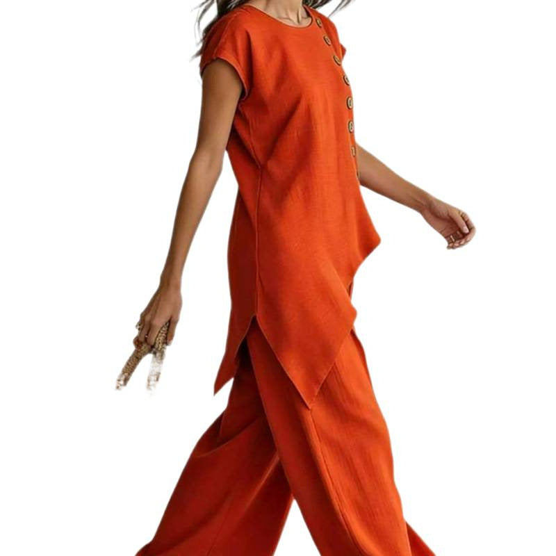 Amazon european fashion casual chic solid color crew neck irregular top & summer casual pants two-piece set