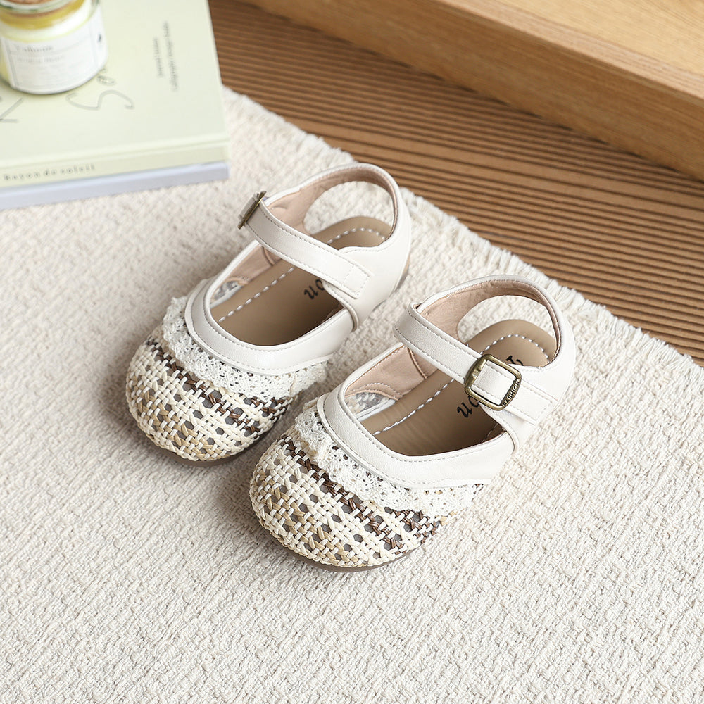 Girls' breathable new children's retro woven sandals summer closed-toe mary jane sandals lace soft sole beige