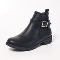 Women's ankle boots - spring, autumn, and winter collection - comfortable chunky heel, low heel, versatile belt buckle, plaid design, ladies' leather boots