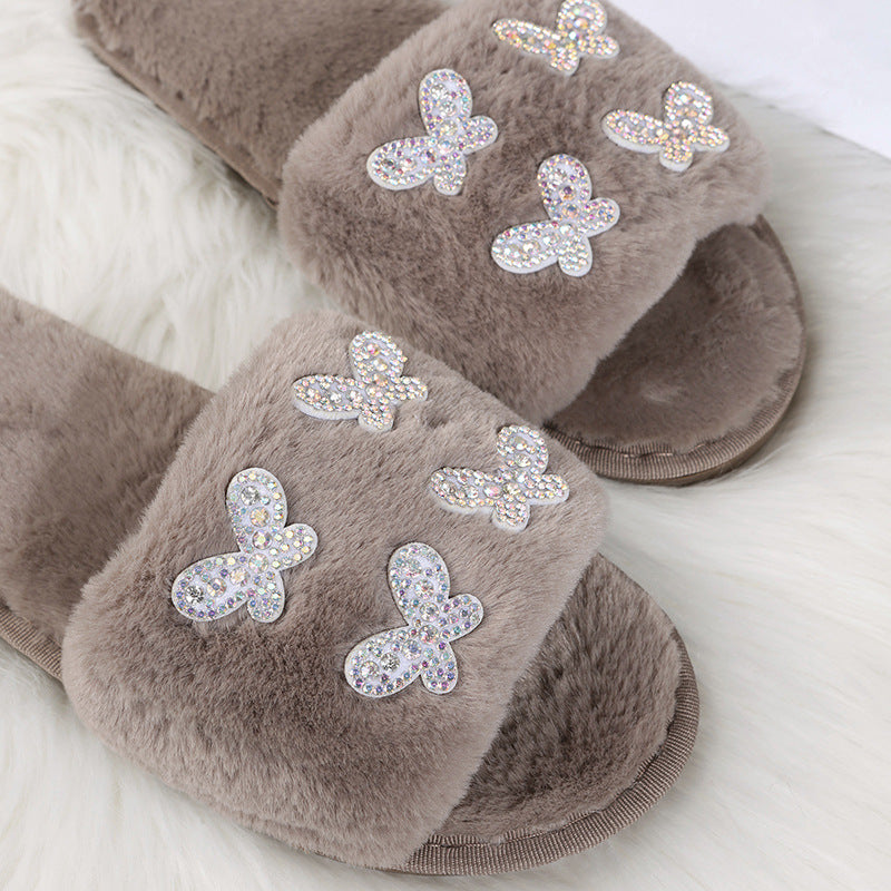 2024 new fuzzy slippers - autumn/winter butterfly slides, wholesale cotton house slippers with rhinestone embellishments, women's plush slippers for outdoor wear