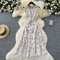 Elegant women's dress  summer french chic luxury handcrafted rhinestone embellished round neck sleeveless cinched waist lace maxi dress