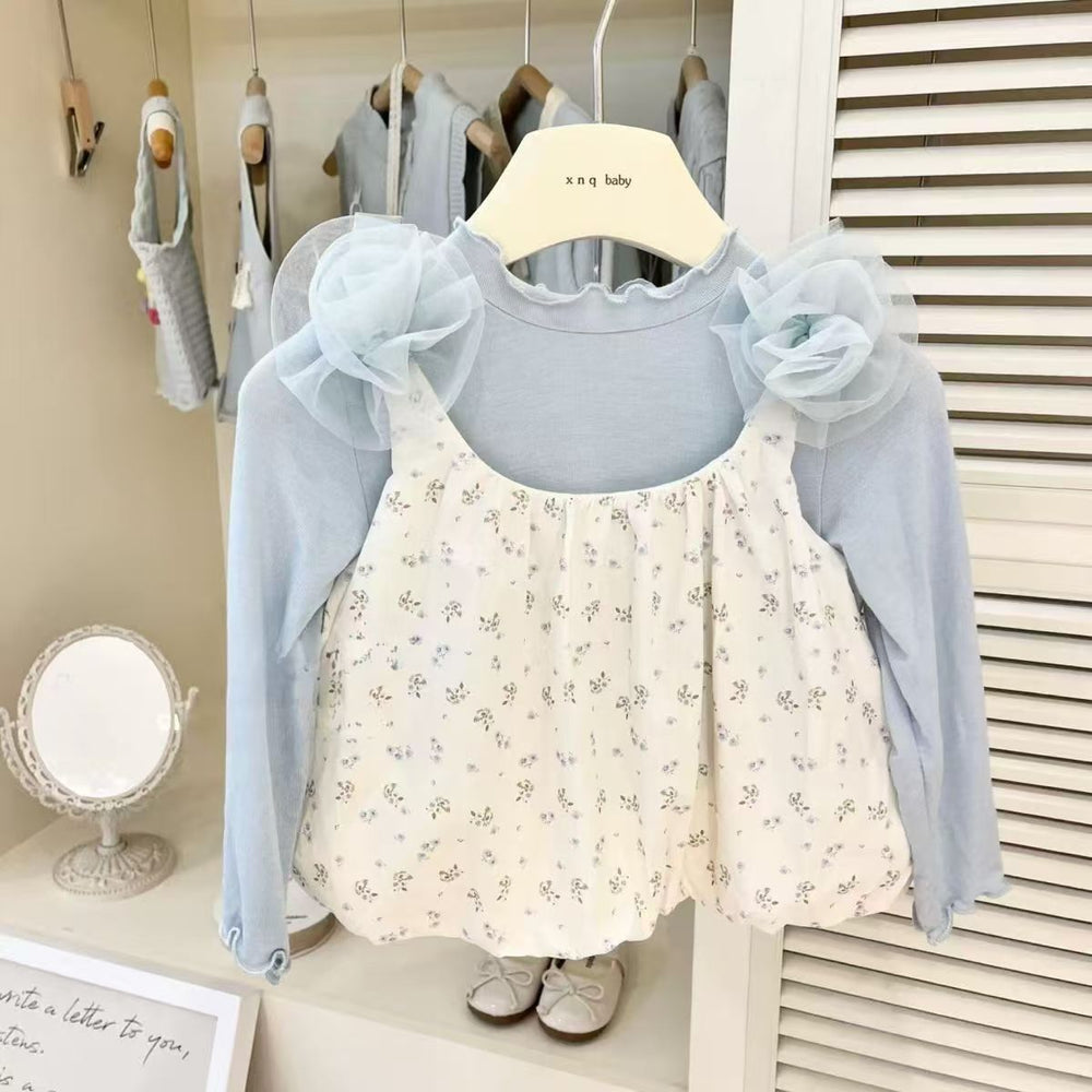 【dropshipping】girls' outfit  new baby lace camisole & floral print two-piece set - korean style
