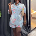 European and american cross-border women's fashion  summer new arrival: stylish turn-down collar printed loose-fit short-sleeve denim shirt and shorts set