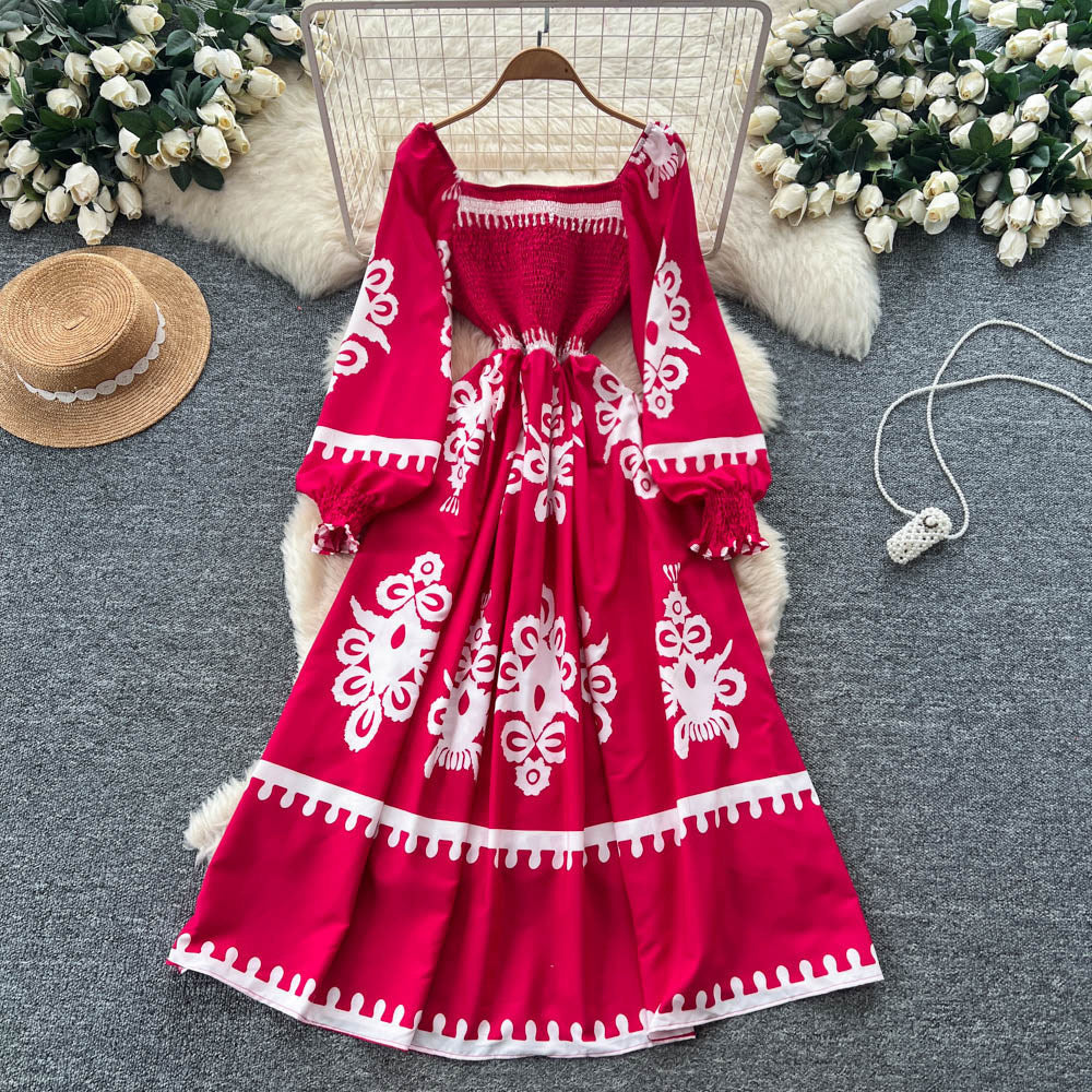 Vintage print long sleeve korean style square neck dress - women's summer a-line bohemian maxi dress with cinched waist