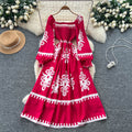 Vintage print long sleeve korean style square neck dress - women's summer a-line bohemian maxi dress with cinched waist