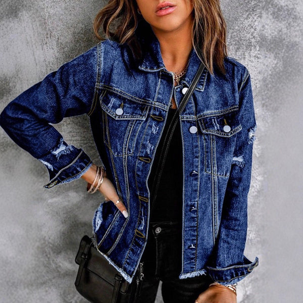 FR8101 European and American   women's rough edge ripped jacket lapel slim denim jacket jacket