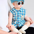 Newborn summer sleeveless casual outing romper, stylish baby lightweight bodysuit with turn-down collar and plaid pattern