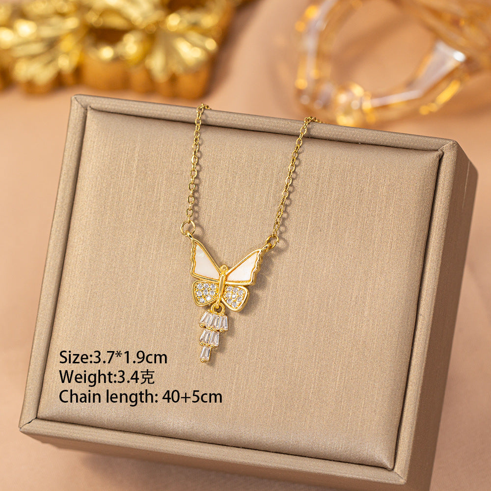 【titanium steel】fashionable and versatile full diamond copper inlaid zircon butterfly necklace - women's high-end, unique, and exquisite clavicle chain jewelry