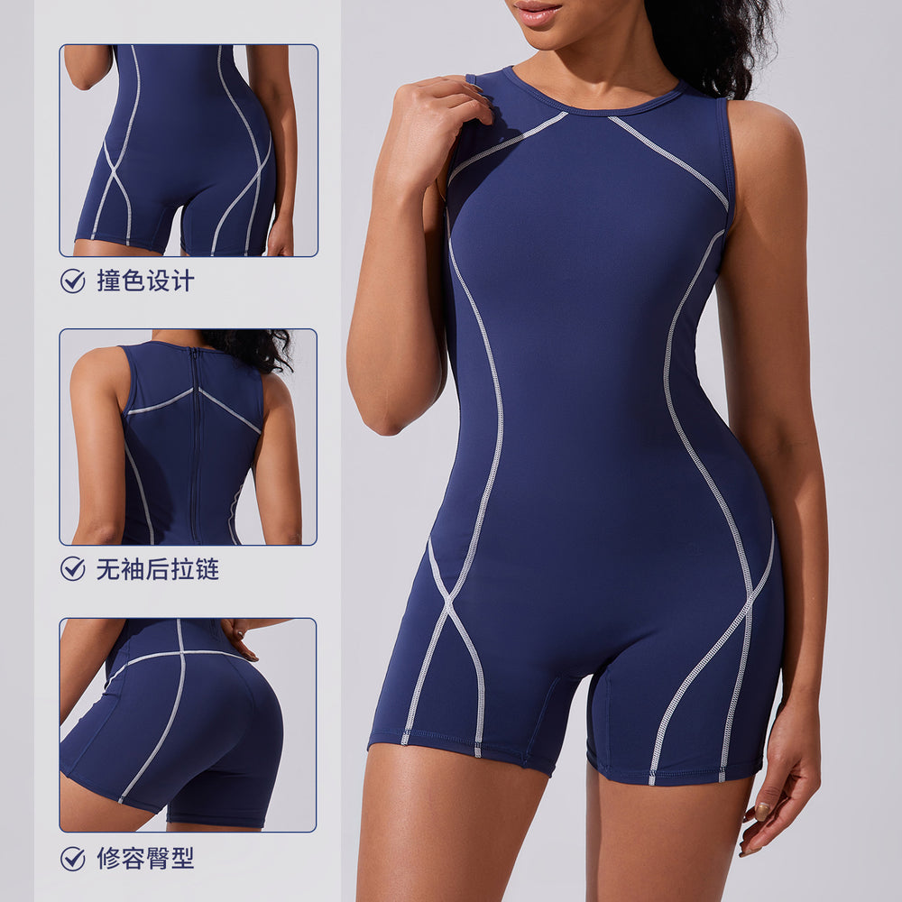 European and american summer color block zipper yoga jumpsuit women's dance bodysuit aerial silk workout bodysuit breathable fitness apparel
