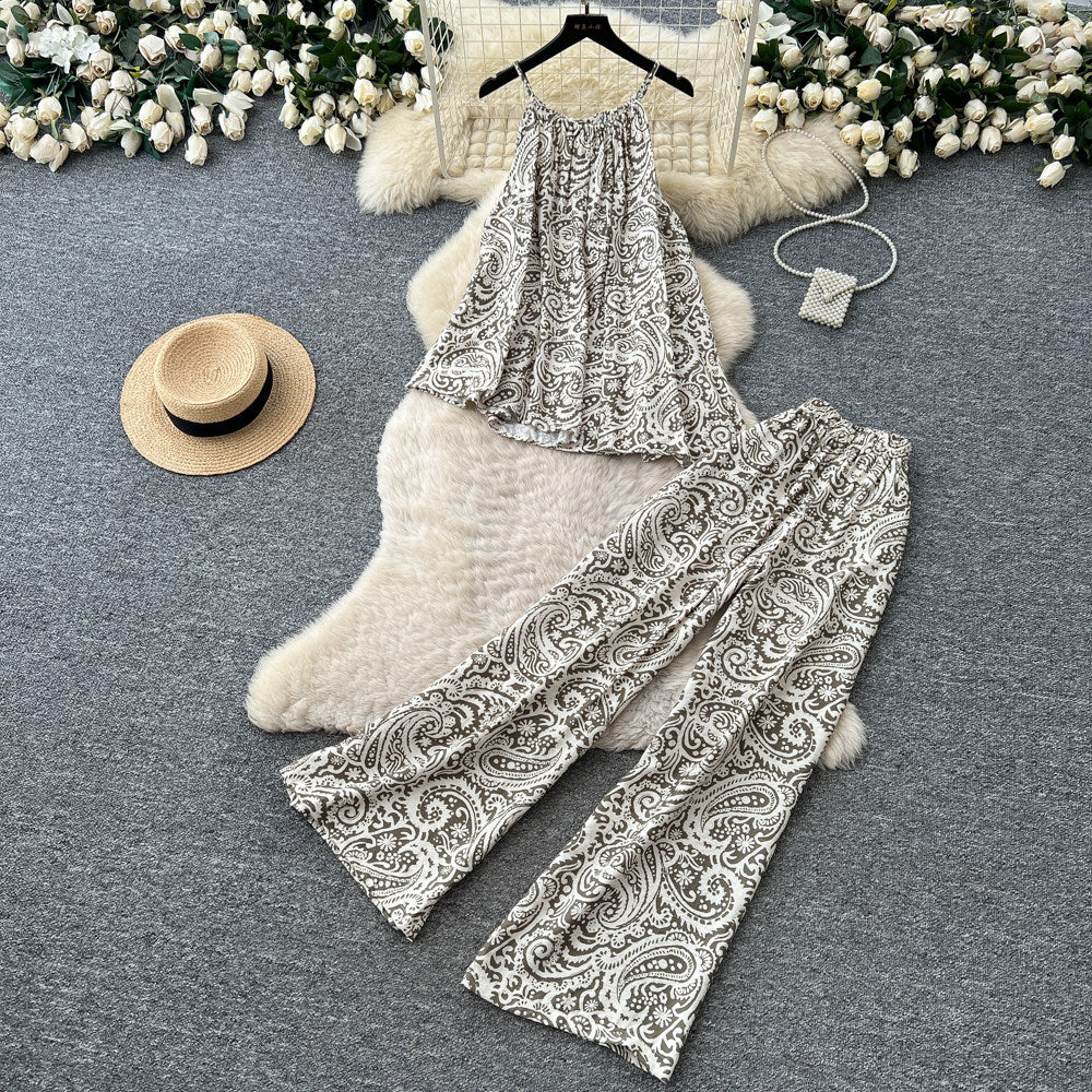 Lazy style printing vest loose pantseleganttwo-piece set women's summer flesh-covering slimming lookhigh waistslimming looksuit outfit