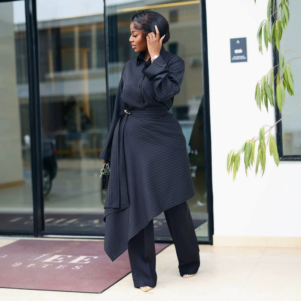 European and american style women's fall  sweet turn-down collar striped long sleeve blouse and high-waisted asymmetrical midi skirt two-piece set