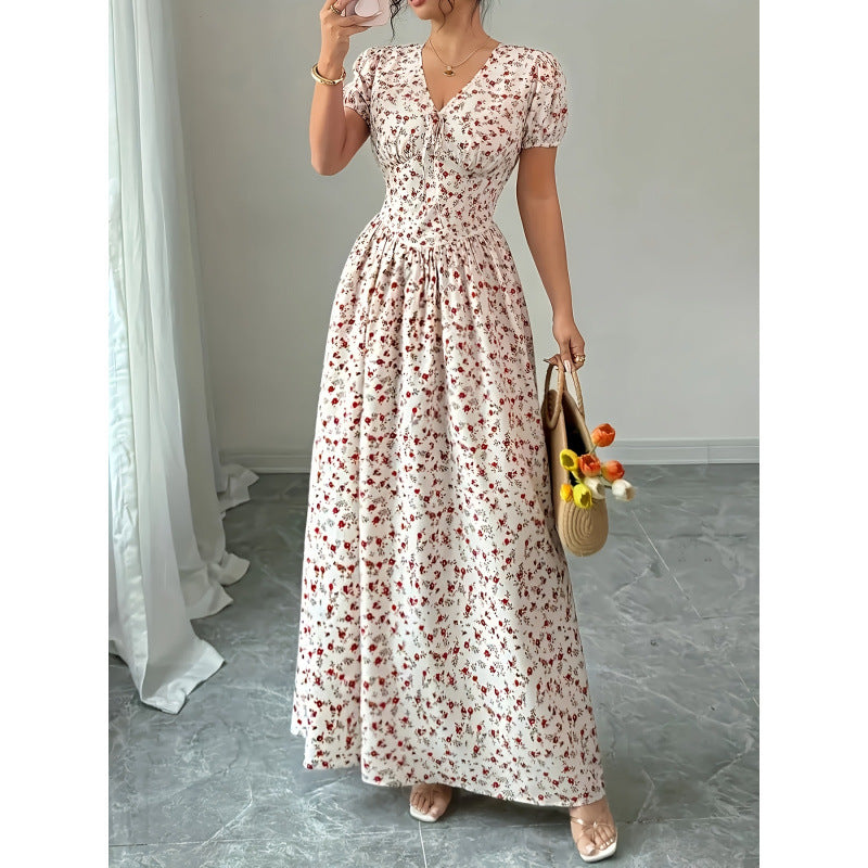 listing: new  women's original elegant lace-up v-neck puff sleeve printed dress