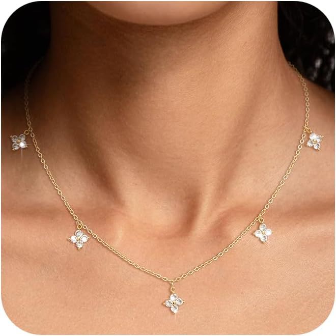 European and american new copper micro-paved zirconia flower pendant necklace, white cubic zirconia four-leaf clover women's choker