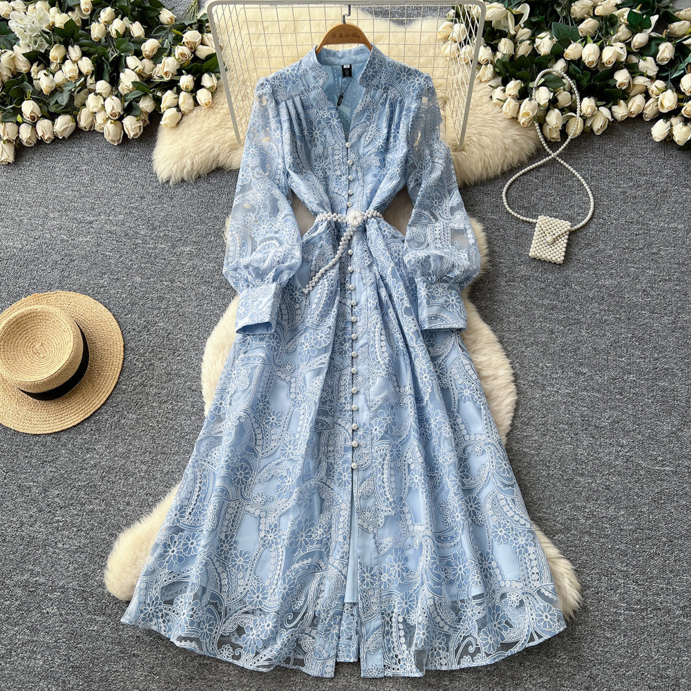 Accessible luxuryclassyheavy industry mesh embroidercut outdress women's long sleeves waist slimming lookwork clothingelegancea-line skirt