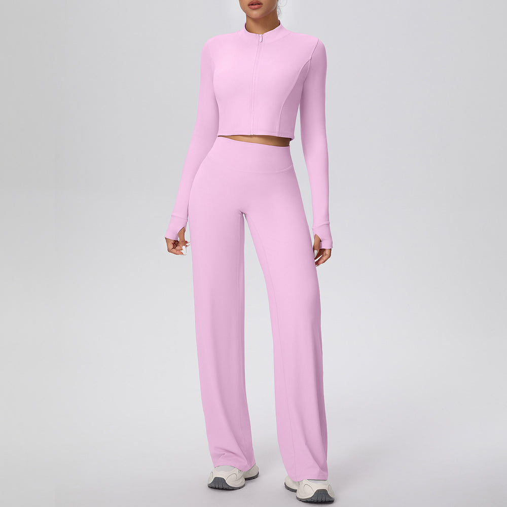 New arrival: solid color double-sided brushed fleece zip-up jacket & wide-leg yoga pants set - perfect for running, fitness, and activewear