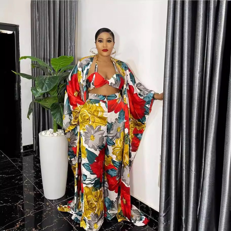 Special offer fashion digital printing loose robe with loosepants including bra and headscarf 4-piece set for african women