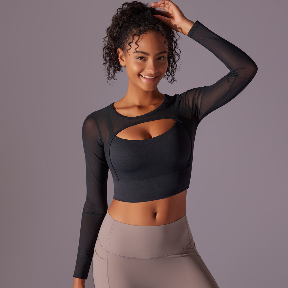 Fashionsexy beautiful back bubble wrap push up sports bra fake two-piece mesh long sleeves all-in-one cup women's yoga fitness wear