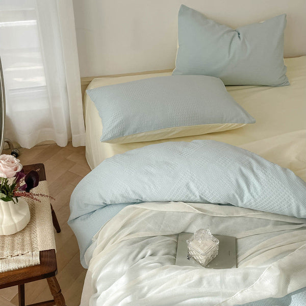 Washed cotton waffle bed sheet four-piece set wholesale Japanese pure cotton quilt cover cotton dormitory bed three-piece set Nantong
